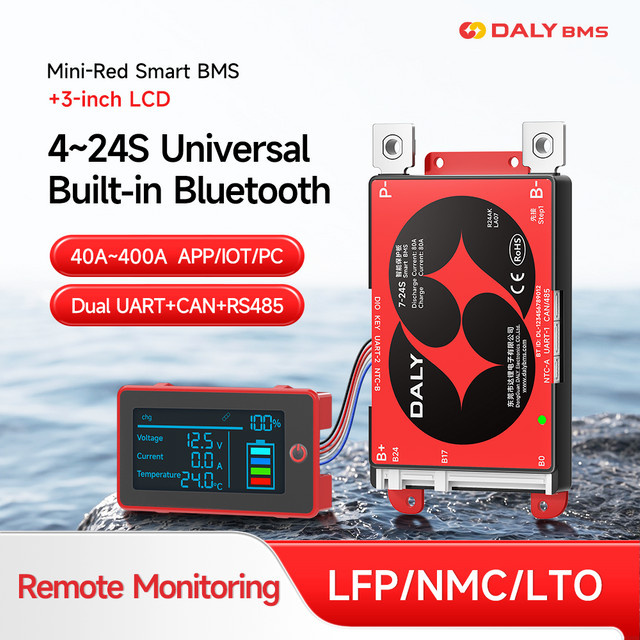 Daly Smart BMS mit 3-Zoll-LCD-Bildschirm für LiFePO4 und Li-Ionen-Batterien, Bluetooth, RS485 und CANBUS, Farbe: Rot - Bild 1