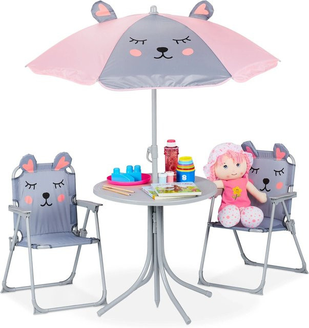 Relaxdays Kindersitzgruppe mit Schirm im Tier-Design Maus, Multicolor, Eisen, Kunststoff und Polyester, B/T/H: 53 x 36 x 37,5 cm - Bild 1