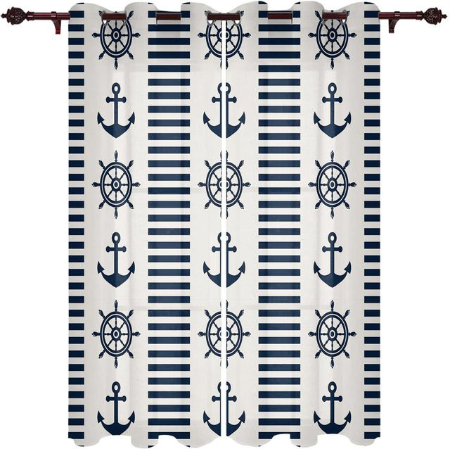 Super Six Vorhang mit maritimem Anker, Boot und Fisch Design in Blau, halbtransparent, Breite: 135 cm, Höhe: 60 cm - Bild 1