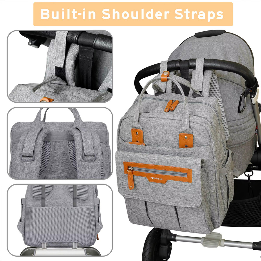 Pomelo Best Wickeltasche als Rucksack in Grau mit Wickelunterlage und Kinderwagengurten - Bild 2