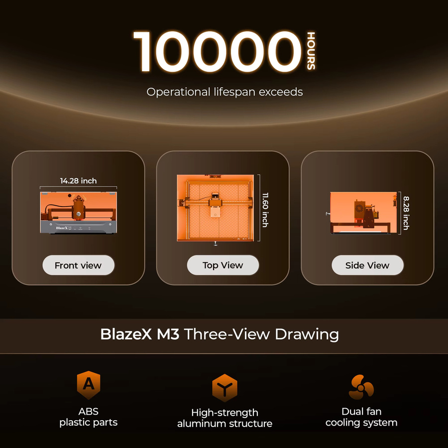 BlazeX M3 10W Laser-Gravier- und Schneidemaschine mit 10000mW, orangefarbenes DIY-Set der Klasse 1 mit 0,01mm Präzision inklusive Schutzgehäuse, Wabenbett, Materialkit und Schutzbrille - Bild 3