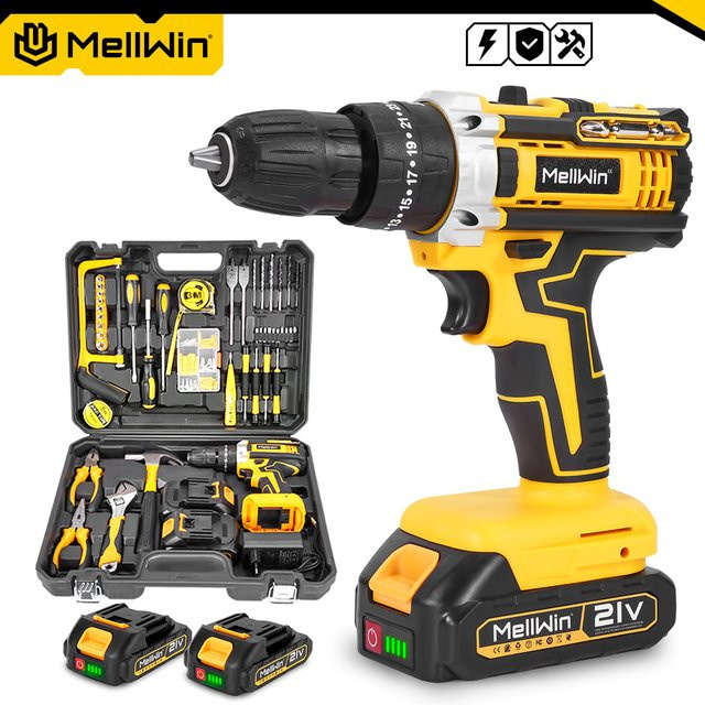 MELLWIN Kabelloses Elektrisches Schlagbohrer-Set mit 25+3 Drehmoment, Multifunktionales Elektroschrauber-Set in Gelb, kompatibel mit Makita LXT 18V Akku - Bild 1