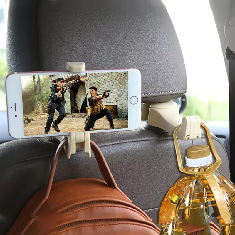 2 in 1 Multifunktions Auto Kopfstützen Haken mit Handyhalterung in Beige - Bild 1