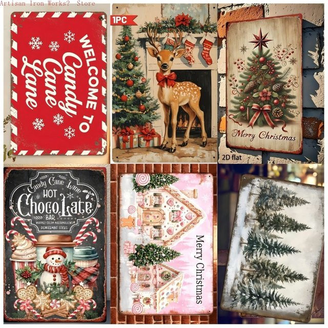 6er Set Potdemiel Vintage Weihnachten Metallblechschilder mit festlichen Zitaten, Rustikale Wandkunst Plaketten in Mehrfarbig, Rechteckig - Bild 1