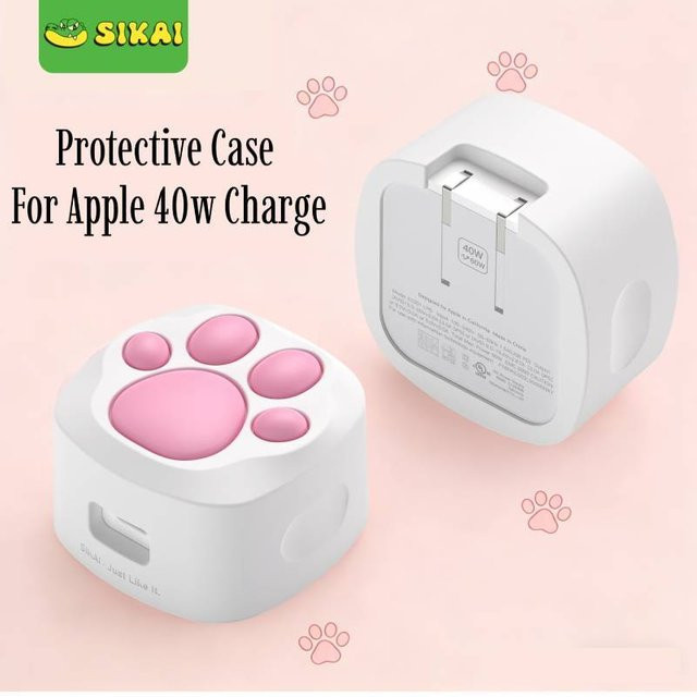 Silikon Ladegerät-Schutzhülle mit Katzenpfoten-Design für Apple 40W Adapter in Braun, Pink oder Weiß - Bild 1