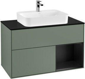 V&B Waschtischunterschrank Finion 100 Wandmontage mit LED-Beleuchtung und Regalelement in Lackoptik - Bild 1