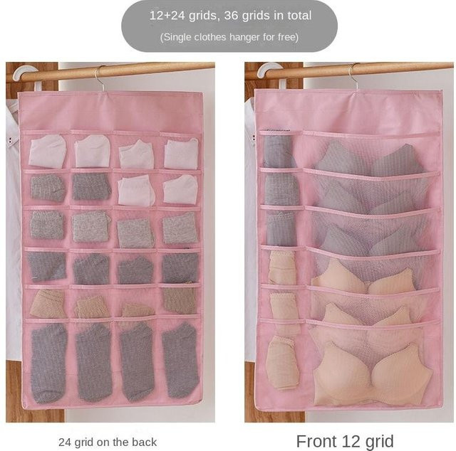 WTEMPO Unterwäsche Aufbewahrungstasche doppelseitig mit 12+24 Fächern, Wandmontage und Türhängung, Rosa - Bild 1