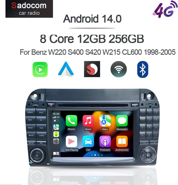 Sadocom Android 14 Carplay Auto Player für Benz W220 S400 S420 W215 CL600 1998-2005 mit 14,0 Zoll IPS Display, 8GB RAM, 256GB Speicher, GPS, WiFi und Bluetooth in Schwarz - Bild 1
