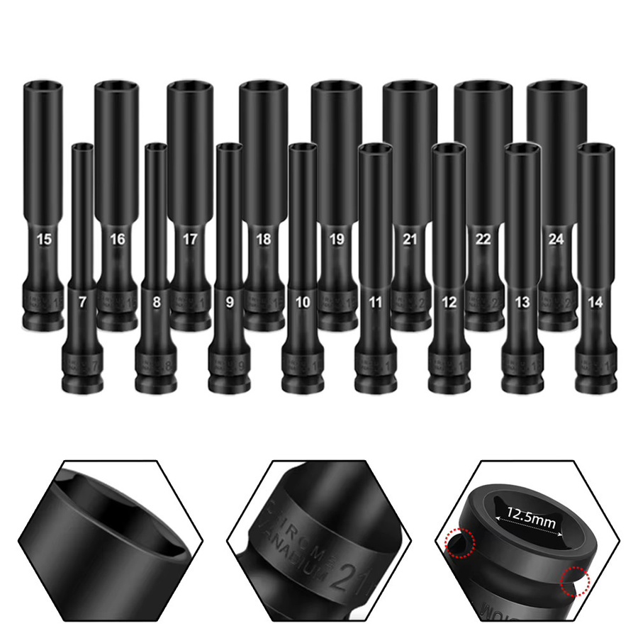 DAZZLEEX Schlagschrauber Hex-Buchsen Set mit 1/2 Zoll Stick-Sockel und Adapter, 8-24mm, Schwarz - Bild 4