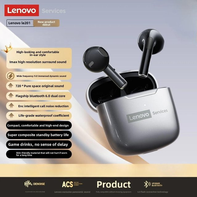 Lenovo LE201 Drahtlose In-Ear Kopfhörer Bluetooth 6.0 mit ENC Anrufgeräuschunterdrückung und Surround-Sound in Grau - Bild 1