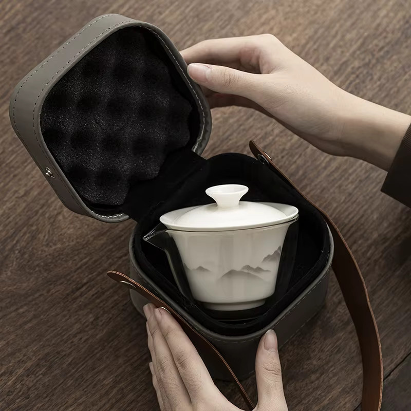 Tragbares Reise-Teeservice aus weißer Nete-Jade und Porzellan mit Infuser - Bild 2