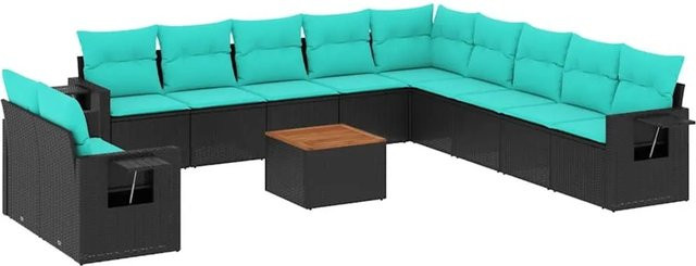 vidaXL 12-teiliges Gartensofa-Set aus schwarzem Polyrattan mit Kissen in Blau und Türkis - Bild 1