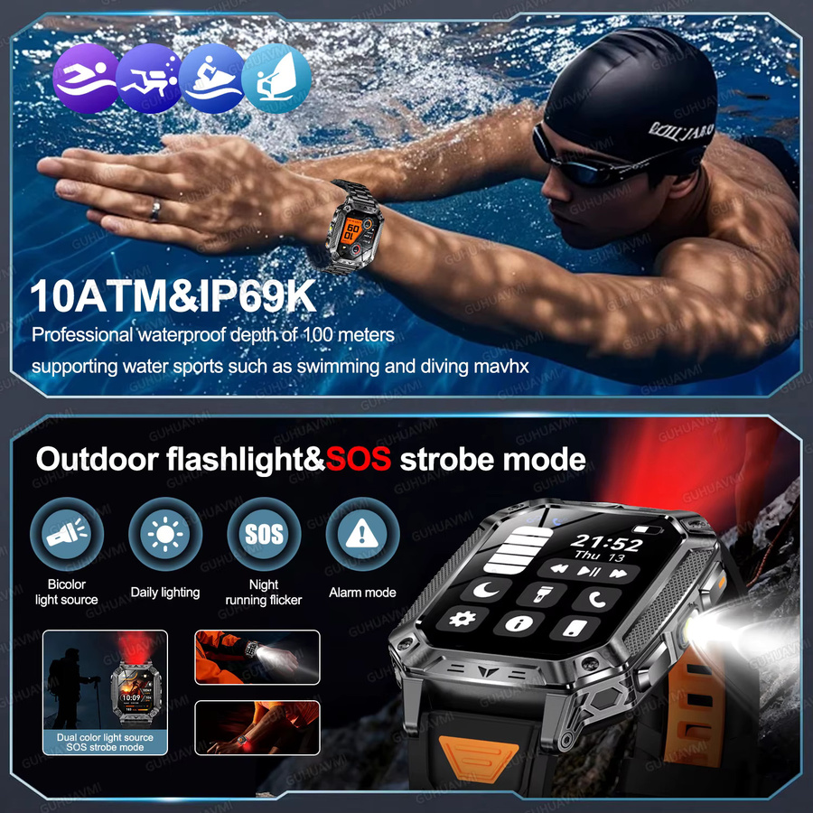 GUHUAVMI TANK Ultra PRO Smartwatch für Herren in Schwarz mit GPS, Bluetooth-Anruffunktion, 1400mAh Akku und 10ATM Wasserdichtigkeit - Bild 3