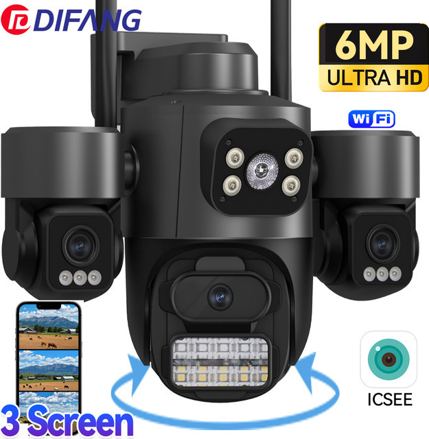 DiFang iCsee Outdoor WiFi Überwachungskamera mit drei Objektiven und drei Bildschirmen, PTZ 360° Rotation, Auto Tracking, Wasserdicht, Schwarz - Bild 1