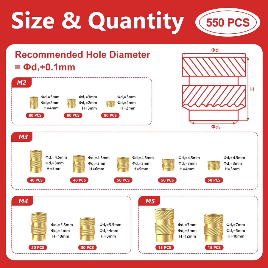 BOVILEVR 550-teiliges Heat Set Gewindeeinsätze-Set aus Messing für 3D-Druck und Kunststoff, M2 M3 M4 M5 Rändelmuttern in Gold/Messing - Bild 3