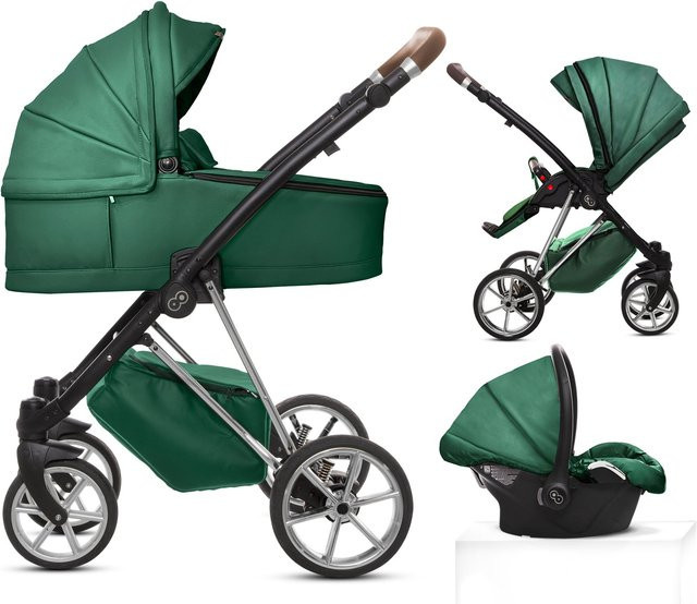 TPFLiving 3in1 Kinderwagen Royal aus Kunstleder in Grün mit silbernem Gestell - Bild 1