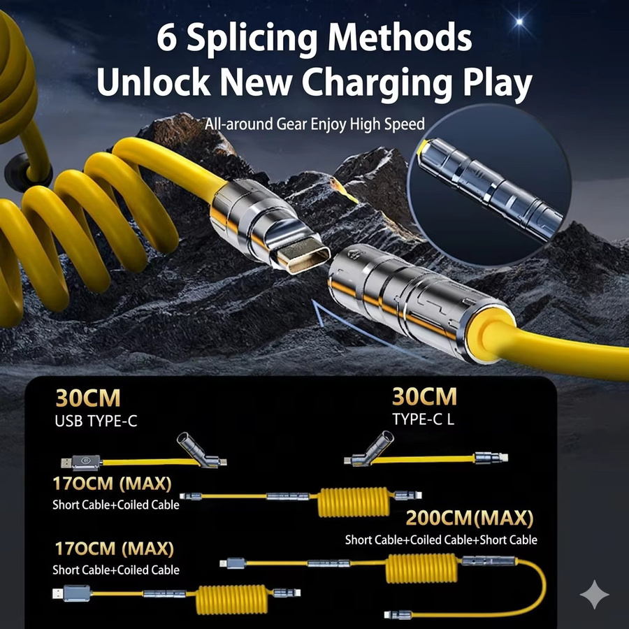 Eary Flüssigsilikon Spiralkabel Gelb mit abnehmbarem Metall-Stecker für mechanische Gaming-Tastaturen, Mac, iPad und PC, Länge: 2 m - Bild 1