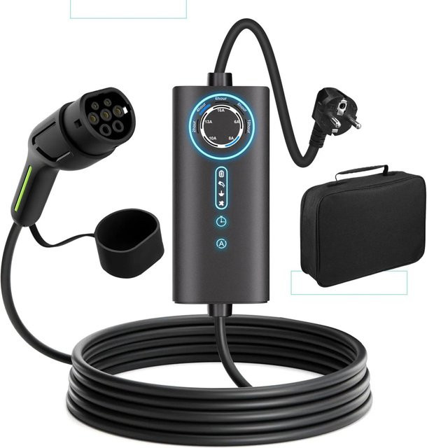 Junsun Typ 2 EV-Ladegerät 3.5kW mit 8m Kabel in Schwarz inklusive Tasche, 1-phasig, flexible Stromanpassung 6-16A - Bild 1