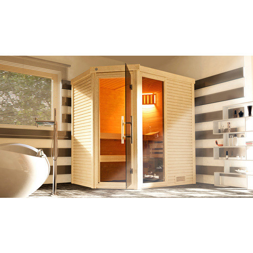 WEKA Designsauna Cubilis Eck 1 für 4 Personen in Braun inklusive 4,5 kW Ofen und Saunaleuchtenset - Bild 2