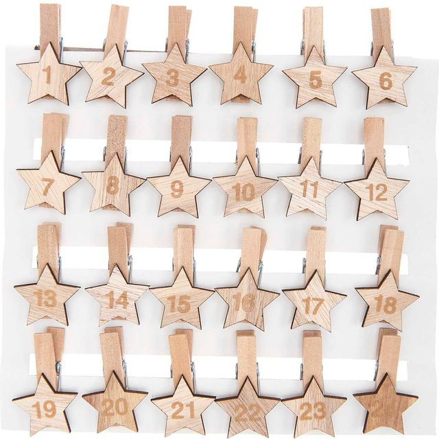 Rico Design Adventskalender Holzclips Sterne in Natur, Größe: 3,5 cm - Bild 1