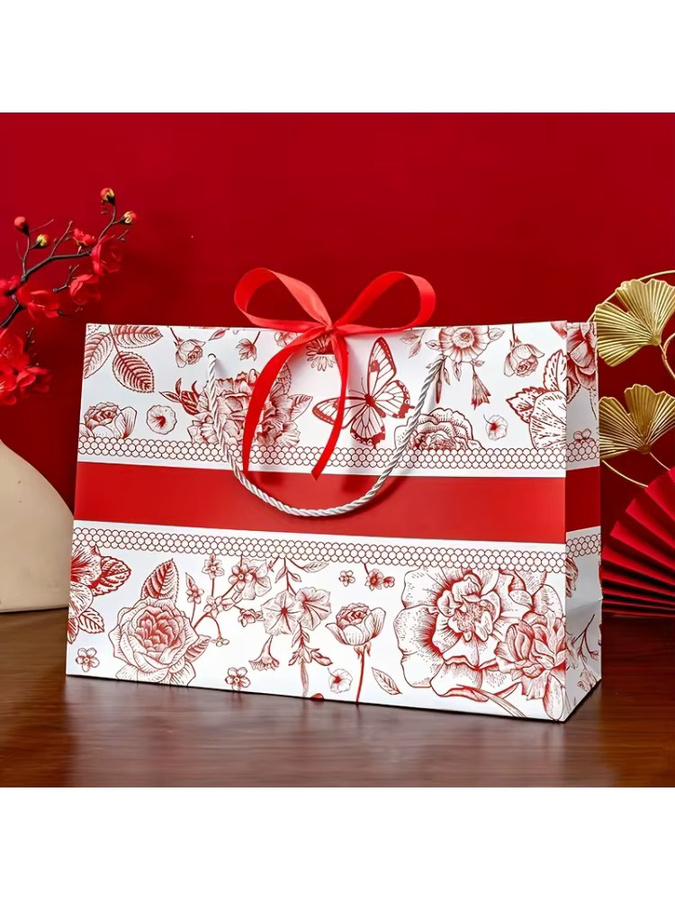 Rote Vintage-Blumen-Geschenktüte aus Papier mit Satinbandschleife für Hochzeiten und Brautgeschenke - Bild 2