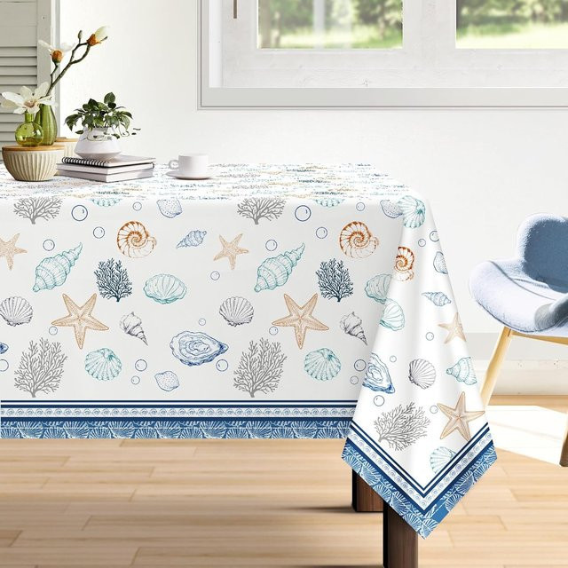Rechteckige Tischdecke JINGYUE Pet mit nautischem Seestern-Design in Weiß, wasserabweisend und waschbar, B/T: 90 x 140 cm - Bild 1
