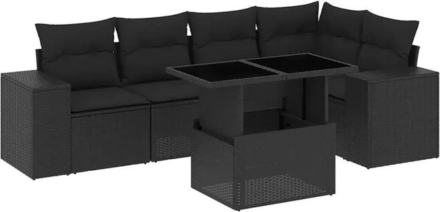 vidaXL 6-teilige Garten-Sofagarnitur in L-Form aus schwarzem Poly-Rattan mit UV-beständigen Kissen und pulverbeschichtetem Stahlgestell - Bild 1