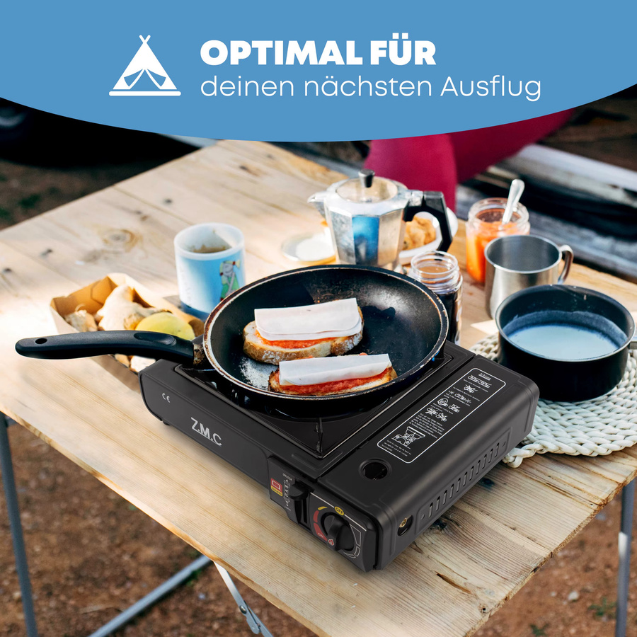 ZMC 1-flammiger Campinggaskocher in Schwarz mit 24 Butan Gaskartuschen à 227g, LPG-Adapter und Aufbewahrungskoffer, 2,2 kW mit Piezozündung für Outdoor und Innenraum - Bild 5