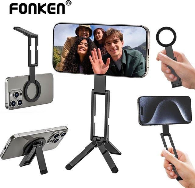 FONKEN Faltbares Handy-Stativ mit Karabiner, tragbares doppelseitiges magnetisches Stativ mit Tischhalterung und Handygriff in Schwarz - Bild 1