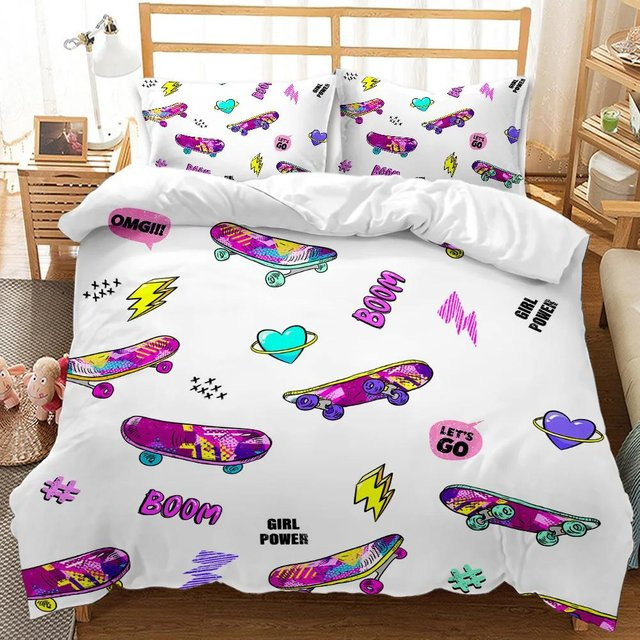 Skateboard Bettwäsche Set mit Skateboard Fahrer Motiv für Teenager, Weiß, B/H: 140 x 210 cm - Bild 1