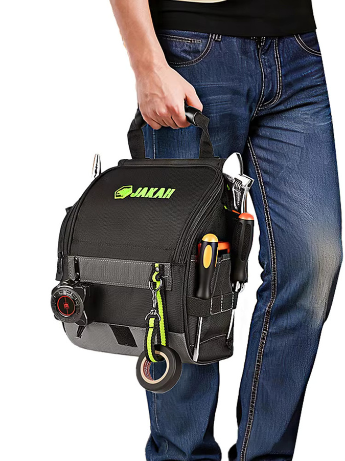 JAKAH Professionelle Elektriker-Werkzeugtasche JK-208 mit Mehrfach-Taschen, ergonomischem Gummigriff und gepolstertem Schultergurt, Schwarz Grün - Bild 6