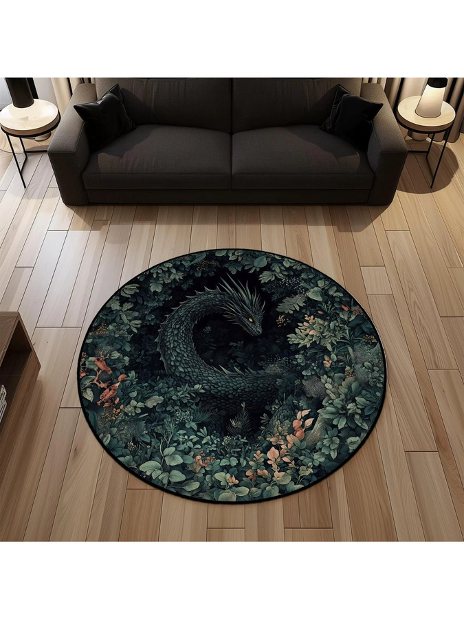 Runder Teppich mit Fantasy-Wald-Drachen-Muster in Multicolour, rutschfeste Bodenmatte für Wohnzimmer, Schlafzimmer oder Badezimmer - Bild 4