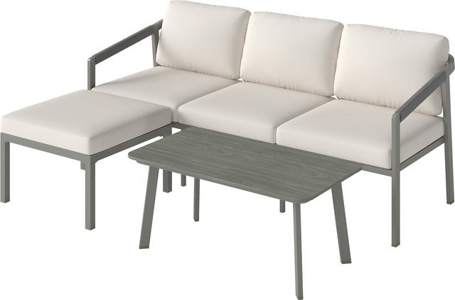 Outsunny 3-teiliges Gartenmöbel-Set in L-Form mit 3-Sitzer Ecksofa, Fußhocker und Couchtisch, Braun und Beige - Bild 1