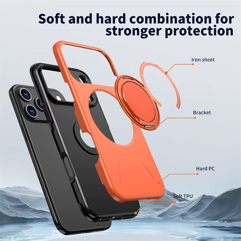 Magnetische Panzerhülle mit 360 Grad Metallringhalter für Apple iPhone 16 E in Schwarz oder Orange - Bild 6