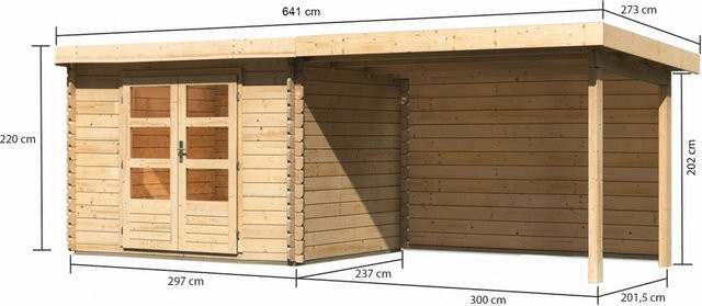 Gartenhaus Holz BASTRUP 3 in Naturbelassen mit Anbaudach und Rückwand, Blockbohlenhaus mit 28 mm Wandstärke, B/T/H: 297 x 237 cm - Bild 1