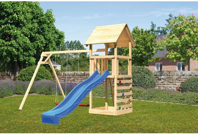 Karibu Spielturm Lotti mit Doppelschaukel, Kletterwand und Rutsche in Blau - Bild 1