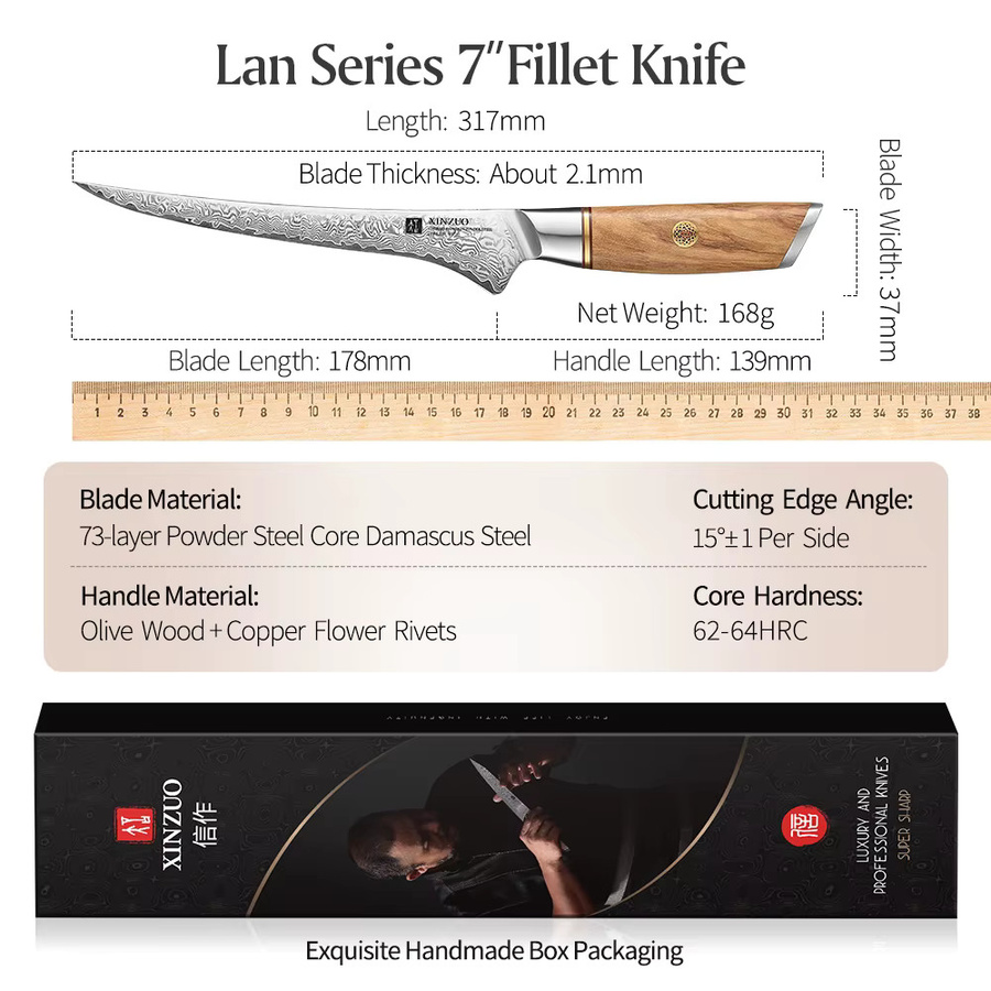 XINZUO Filetmesser mit 73-lagiger Damaststahlklinge und Olivenholzgriff, 17,78 cm - Bild 2