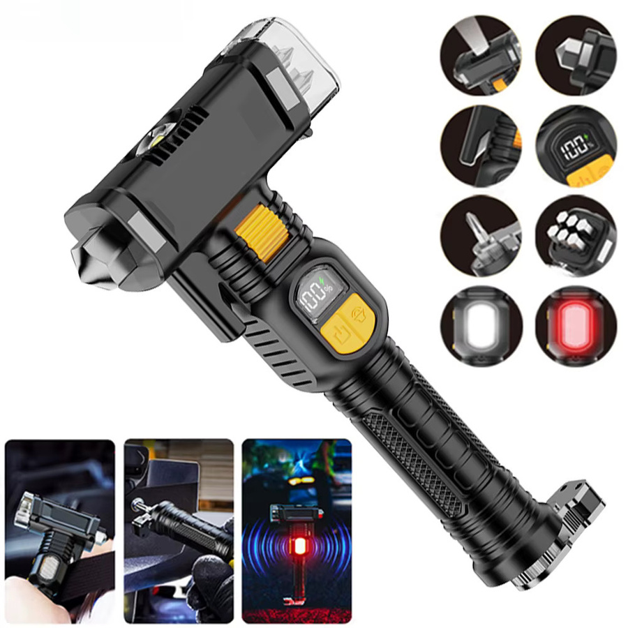 KDULIT LED-Taschenlampe mit Sicherheitshammer, starkem Magnet und Piepalarm, wiederaufladbar via Typ C, Farbe: Schwarz - Bild 6