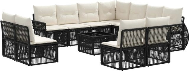 vidaXL 12-teiliges Gartensofa-Set in U-Form aus Poly-Rattan mit Polstern und Couchtisch, Schwarz und Cremeweiß - Bild 1