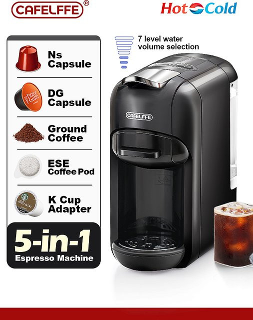 Cafelffe 5-in-1 Kaffeemaschine in Schwarz für Nespresso Kapseln, Dolce Gusto, ESE-Pods und gemahlenen Kaffee mit 19 Bar Druck für Heiß- und Kaltgetränke - Bild 1