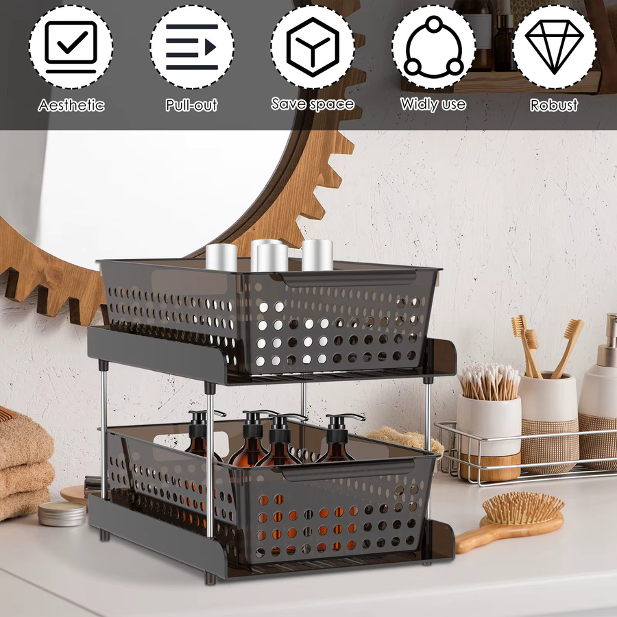 Willstar Ausziehbarer Schrank-Organizer in Schwarz, Doppelschichtiger Schubladeneinsatz aus Kunststoff für Küche und Badezimmer, Breite: 32,0 cm, Tiefe: 26,5 cm - Bild 4