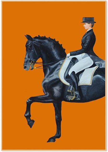 Leinwandgemälde Pferderennen mit reitender Frau in Schwarz und Orange, moderne Wandkunst für dein Wohnzimmer, Breite: 60 cm, Höhe: 90 cm - Bild 1