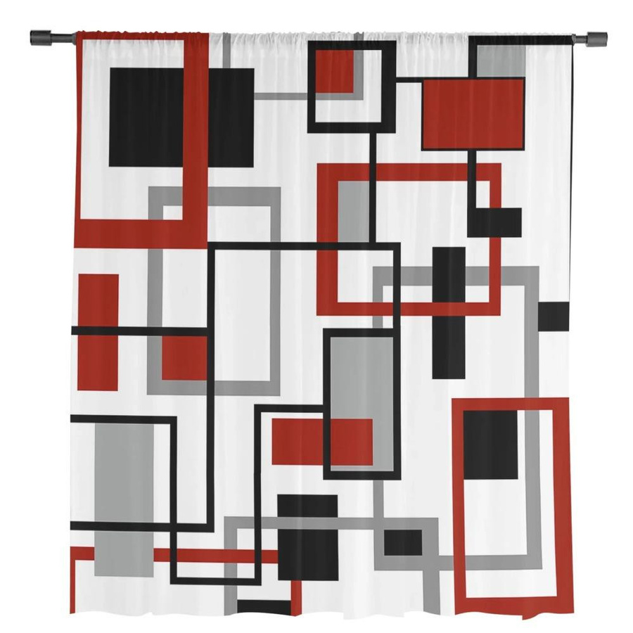 Yiran Furniture Transparente Voile-Gardine in Rot mit geometrischem Grafikmuster im Nordischen Retro-Stil, Breite: 135 cm, Höhe: 115 cm - Bild 2