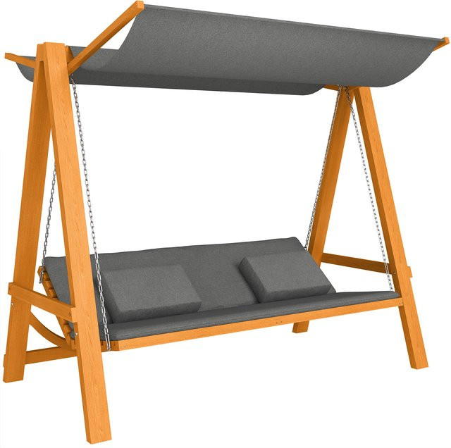 Outsunny 2-Sitzer Hollywoodschaukel mit Bettfunktion und Dach aus Teakholz, Grau, B: 225,5 cm, T: 113 cm, H: 180 cm - Bild 1