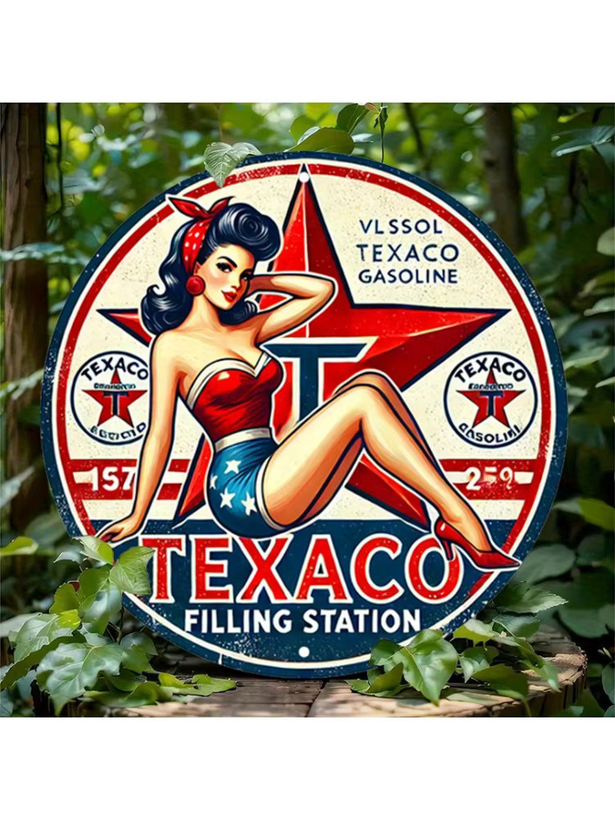 Potdemiel Vintage Texaco Rundes Aluminiumschild – Retro Pin-Up Metallblech-Wandkunst in Mehrfarbig, Durchmesser: 20 cm - Bild 7