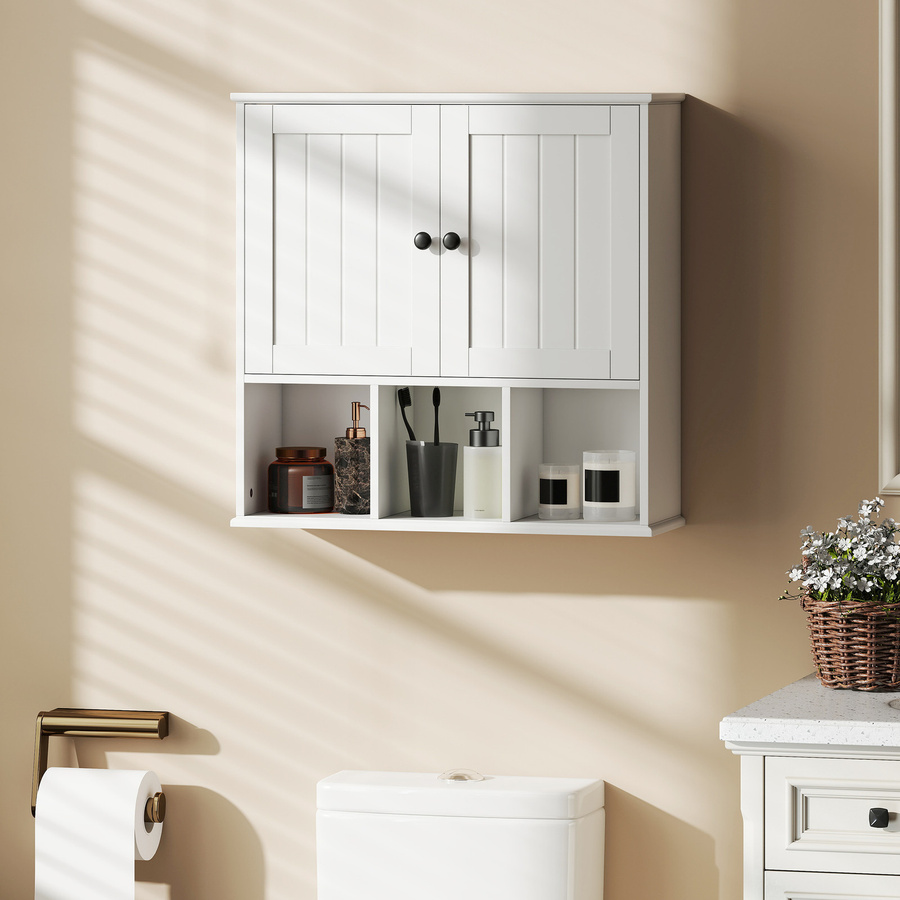 HOMCOM Wandhängender Badezimmerschrank in Weiß mit 2 Türen und offenen Fächern, B/H/T: 60 x 60 x 19,5 cm - Bild 2