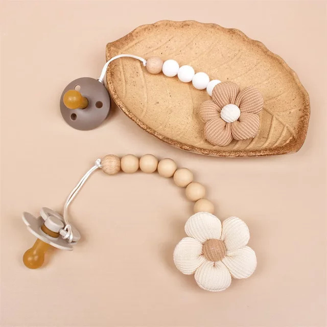 Blume Baby Schnuller-Clip Kette aus Baumwolle in Beige, BPA-frei Schnullerhalter für Neugeborene - Bild 1