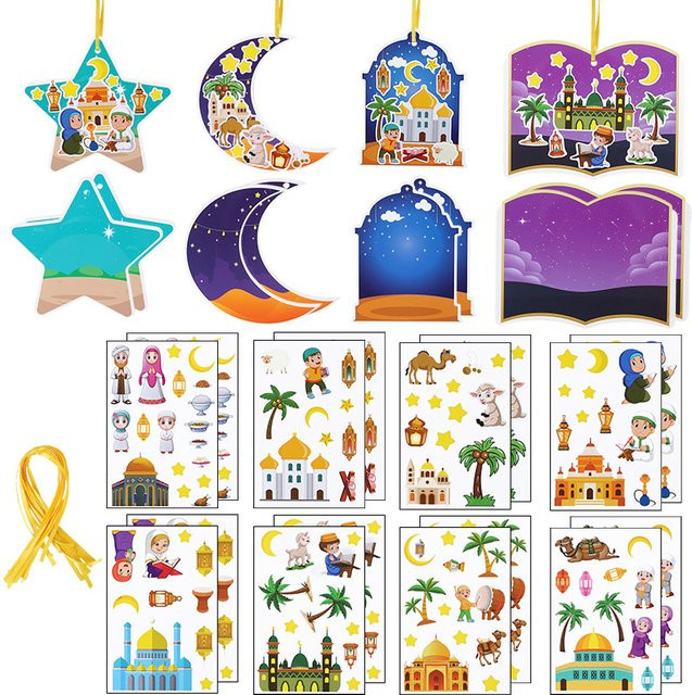 ZQNYCY 48-teiliges Eid Mubarak Bastelset mit Ramadan Geschenk-Etiketten und DIY Aufklebern in Mehrfarbig für islamische Dekorationen und Party-Hängende Ornamente - Bild 1