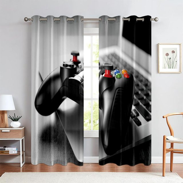 Halbtransparente Fenstervorhänge mit Gamepad-Musterdruck für Wohnraum und E-Sport-Zimmer, 2er-Set, Farbe: Schwarz/Mehrfarbig, B: 50 cm, H: 140 cm - Bild 1