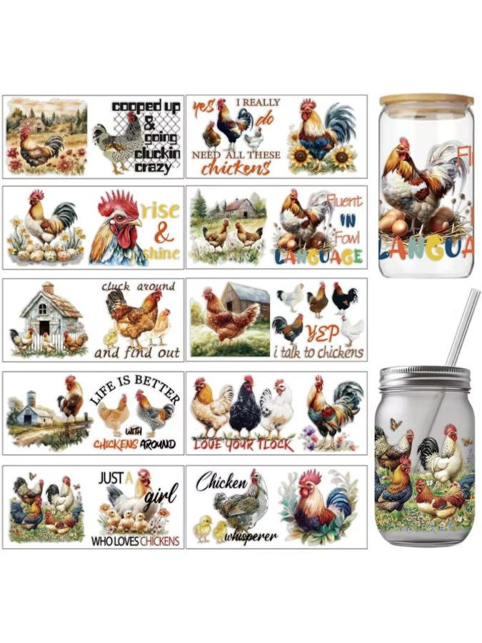 10 Stück PVC-Transferaufkleber mit Bauernhof-Huhn-Motiv und Hühnerei-Muster, UV-wasserdichte Becheraufkleber für 16-Unzen-Gläser, Mehrfarbig - Bild 5